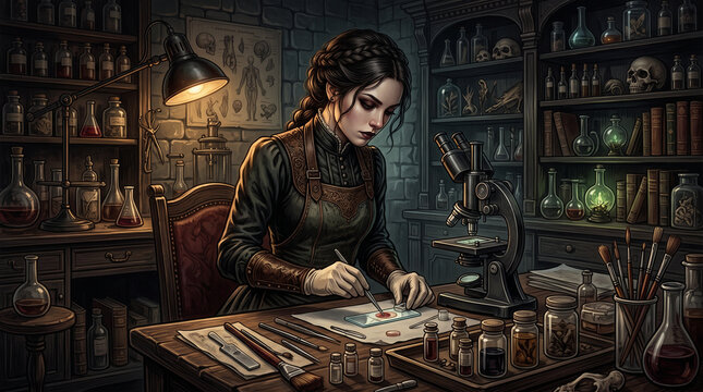 Portrait of a dark haired woman in an antique laboratory setting, intently examining a specimen under a brass microscope with warm directional lighting