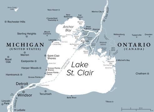 Lake St. Clair, part of Great Lakes system in North America, gray political map. Freshwater lake between Canadian province Ontario and U.S. state of Michigan northeast of Detroit and Windsor. Vector