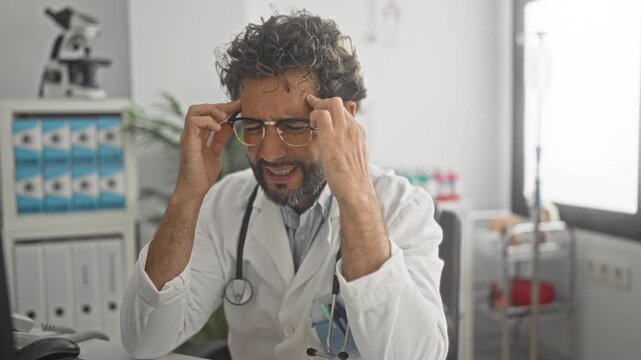 Man doctor holding glasses and rubbing temple at computer desk with visible stethoscope and closed eyes in building; stress.