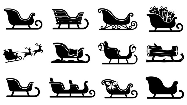 Set of Christmas sleigh vector icons, Santa Claus sled silhouettes with gifts and reindeer for holiday winter season design elements