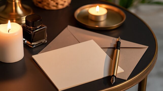 Elegant writing set with candle, ink, and stationery on a dark table