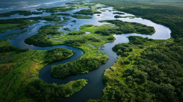 Meandering river network winds through a lush green wetland ecosystem towards the distant ocean horizon.