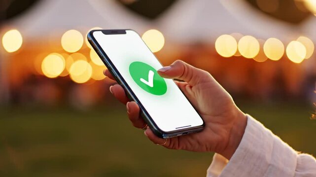 A hand holds a smartphone showing a green checkmark success icon against a beautiful bokeh background of outdoor festive lights at dusk. The person interacts with the screen.