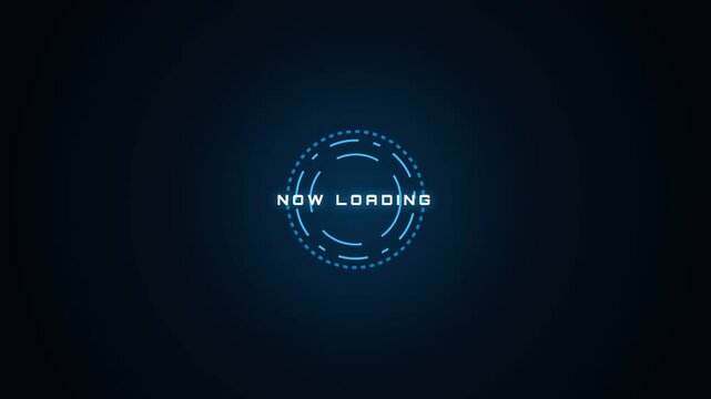 Futuristic video shows a glowing blue HUD loading screen with rotating circular elements and 'NOW LOADING' text on a dark background, ideal for sci-fi or tech-themed projects.