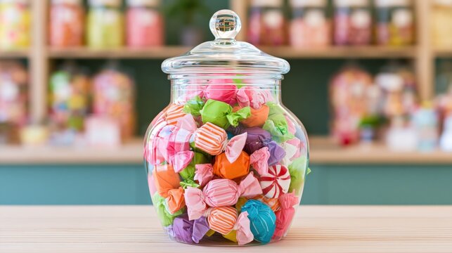 Vintage apothecary jar overflowing with colorful wrapped candies and peppermints