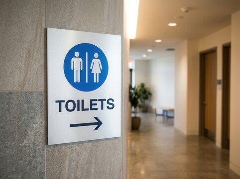Modern Unisex Toilet Signage In A Contemporary Building Corridor With Directional Arrow