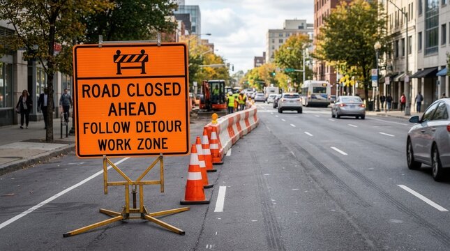 Urban Road Closure Ahead Work Zone Detour Signage and Traffic Flow