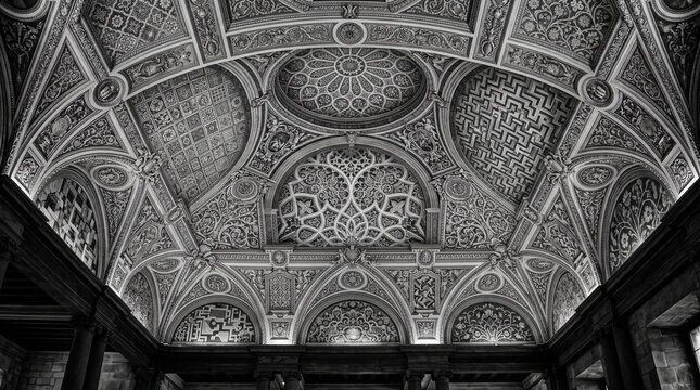 Dramatic high angle shot looking up at an ornate classical vaulted ceiling dome featuring detailed geometric plaster relief in monochrome