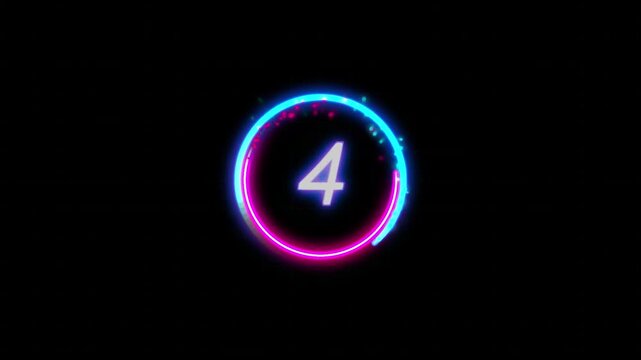 Neon glowing number four inside a circular frame with particles on black background.
