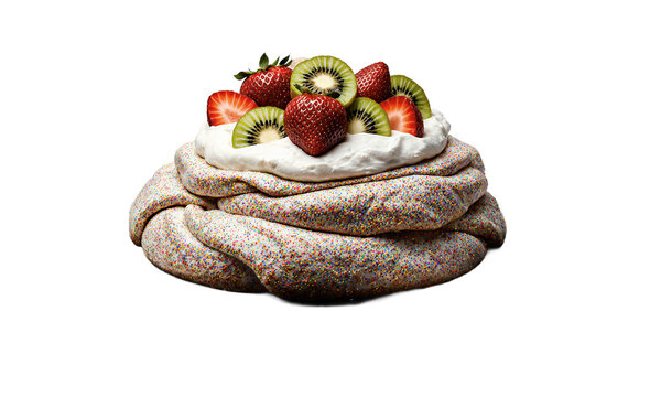 Pavlova dessert cake. Delicious sprinkle covered meringue topped with fresh strawberries and kiwi on a transparent background