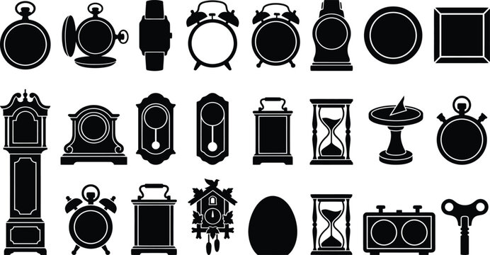 Set of various black clock silhouettes and vintage time measurement instruments icons collection isolated on transparent background, Vector