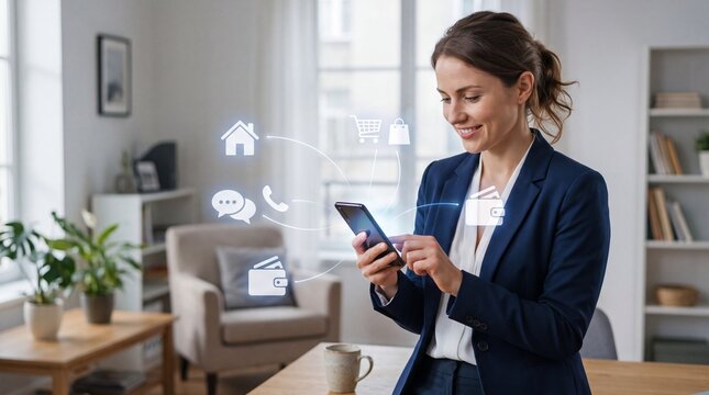 Smiling woman using smartphone with digital service icons