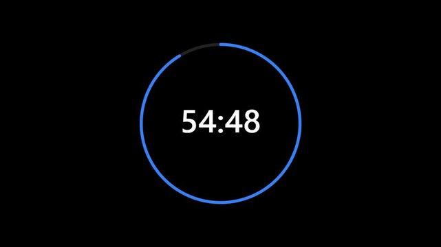 Digital countdown timer graphic animation with a decreasing blue circle and white numbers on black background