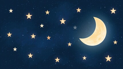 Fototapeta premium Whimsical scattered stars and crescent moon against a dark starry night sky