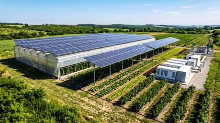 Obraz premium Elevated solar panel array over agricultural crops agrivoltaics concept stock photo, dual land use solar farming with BESS energy storage containers and irrigation lines, and eco friendly.