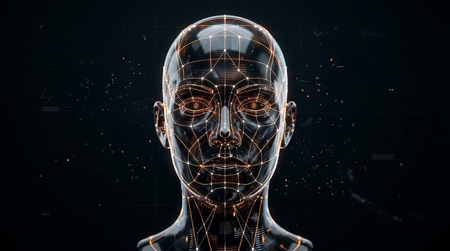 Digital human head with glowing wireframe mesh
