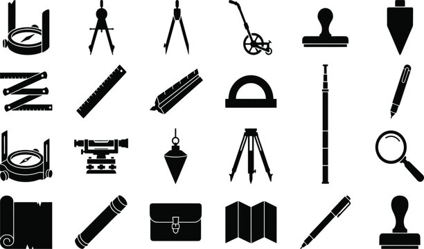 Set of black silhouette icons for land surveying and construction engineering tools and equipment isolated on transparent background, Vector