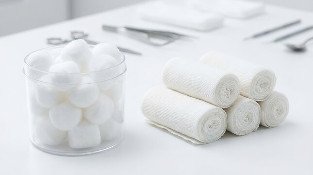 Medical Cotton Balls and Gauze Bandages on White Table for Sterile Clinical Healthcare Procedures