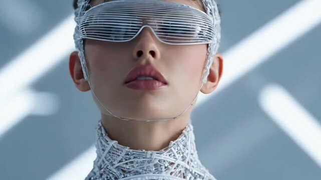 Futuristic woman wearing high-tech digital visor and white mesh.