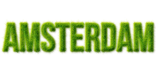 Amsterdam word rendered in realistic green grass texture typography isolated on transparent © Mahmud