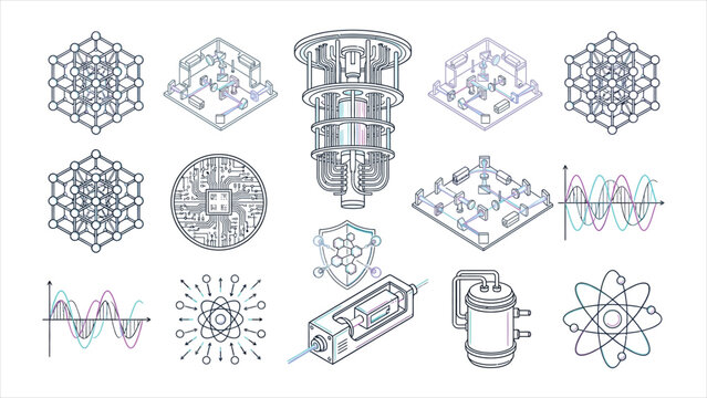 Quantum computing technology and deep tech infrastructure vector elements with subatomic data processing concepts.