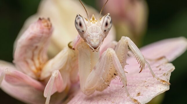 Close-up of an Orchid Mantis with a floral appearance, looking at the camera (Hymenopus coronatus).