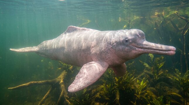 Long-snouted pink river dolphin swimming in an Amazonian river (Inia geoffrensis).