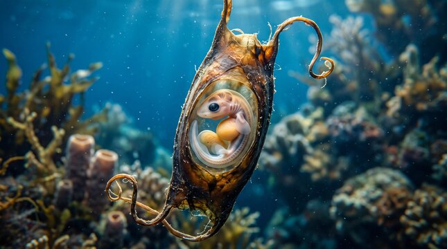 Shark Embryo Inside an Egg Case Underwater.