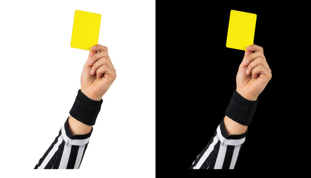 Referee hand holding yellow card isolated on transparent background