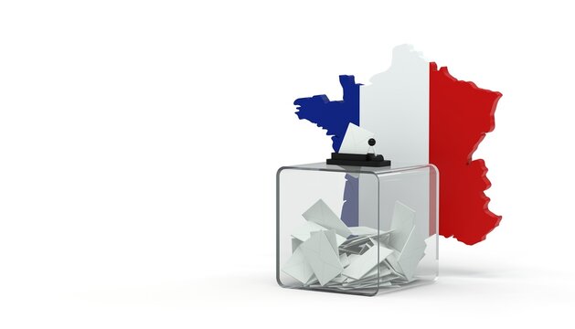 &Eacute;lection pr&eacute;sidentielle en France, urne transparente et carte tricolore, rendu 3D