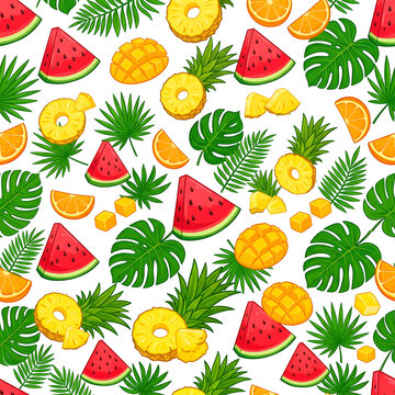 Seamless pattern with pineapple rings watermelon slices mango cubes orange wheels and palm leaves vector illustration, colorful tropical fruit background
