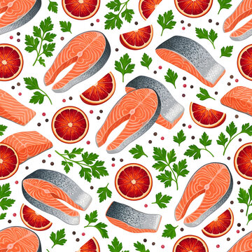 Seamless pattern with fresh raw salmon steaks fillets blood orange slices parsley and peppercorns vector illustration, seafood culinary market background