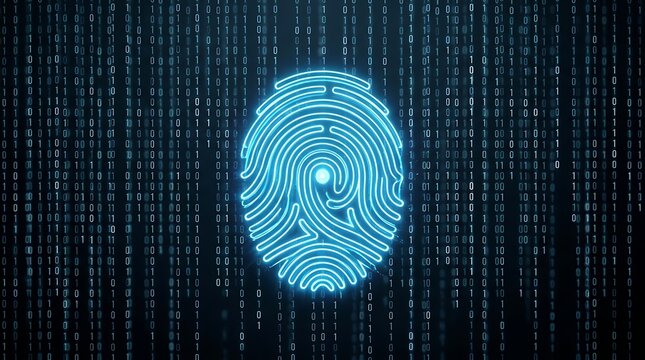 Blue glowing fingerprint with digital binary code background