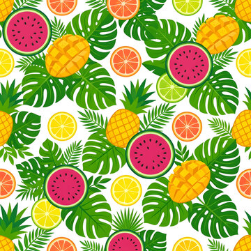 Seamless pattern with tropical fruits watermelon slices pineapples mangoes citrus wheels and monstera leaves vector illustration, colorful summer food background