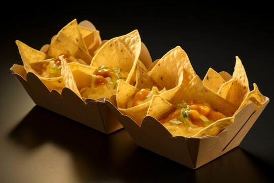 Tortilla chips with melted cheese and salsa served in eco friendly takeaway containers
