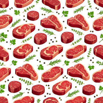 Seamless pattern with raw beef steaks t-bone ribeye fillet herbs and peppercorns vector illustration, butcher meat shop food background