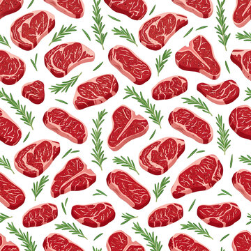 Seamless pattern with raw beef steak cuts and green rosemary sprigs vector illustration, fresh meat butcher shop culinary background