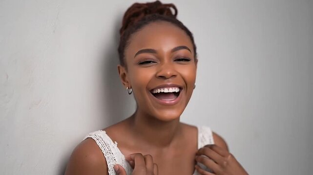 Smiling African American woman in white tank top.
