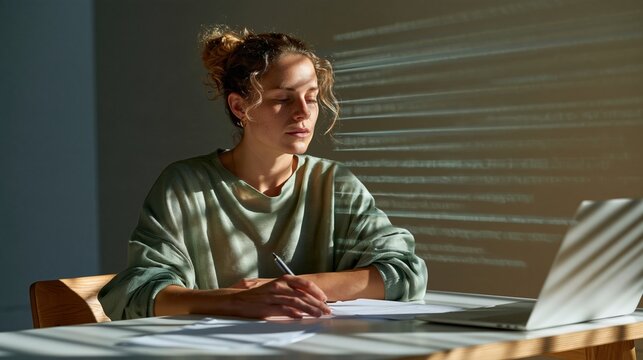 Une jeune femme concentr&eacute;e &eacute;crit sur un document pr&egrave;s de son ordinateur portable