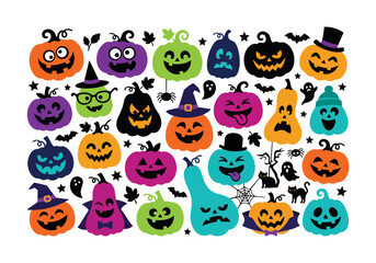 Obraz premium Colorful Halloween Pumpkins Cartoon Set with Cute and Spooky Expressions.