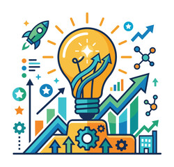 Fototapeta premium Glowing light bulb with upward arrows on a gear base representing business growth and innovation.