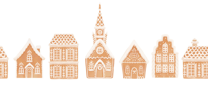 Christmas Winter Village with Church and Snowy Gingerbread Houses, Vector Holiday Landscape