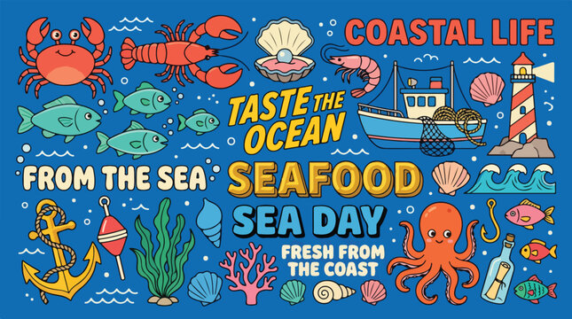 Seafood icons and marine life illustrations surround coastal themed lettering on a blue background.
