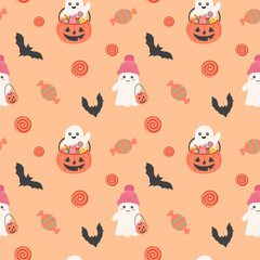 Obraz premium Cute Halloween seamless pattern with ghosts, colored candies and bats on an orange background, hand drawn