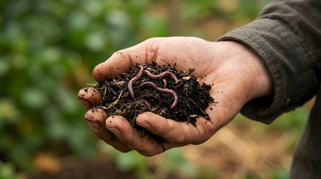 Farmer holding fertile soil with earthworms in hand to show soil health