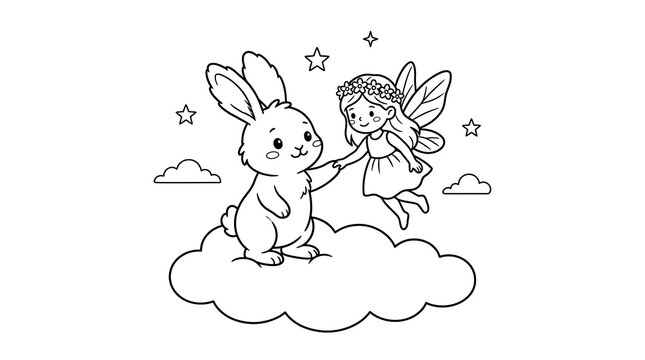 Bunny rabbit holding hands with flying fairy on cloud for magical kids coloring page.