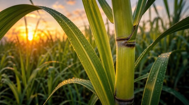 Close-up of a sugarcane stalk with dew drops in a field during sunrise, highlighting fresh green leaves and vibrant natural growth.