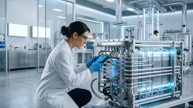 Female scientist analyzing industrial hydrogen fuel cell unit in laboratory