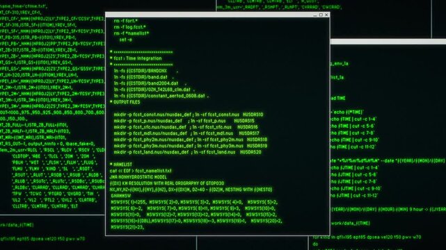 PC画面に緑色のプログラミングのコードが打ち込まれていくAIイメージ背景