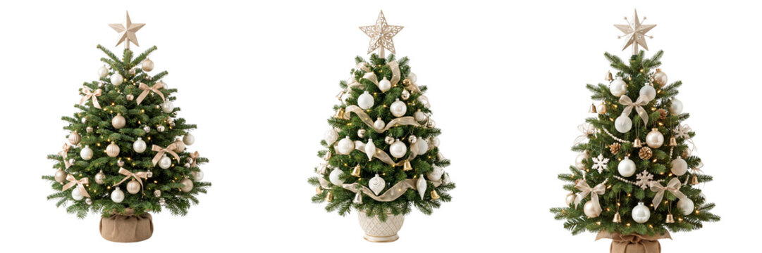 Three decorated Christmas trees with white ornaments and gold ribbon isolated on a transparent background